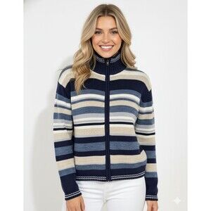 Heirloom Collectibles Sweater Full Zip Knight Ramie Cotton Size M Blue Stripe
